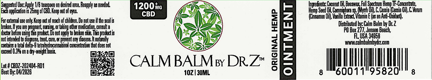 Calm Balm by Dr. Z Original Hemp Ointment 1200+mg CBD per 1oz|30ml